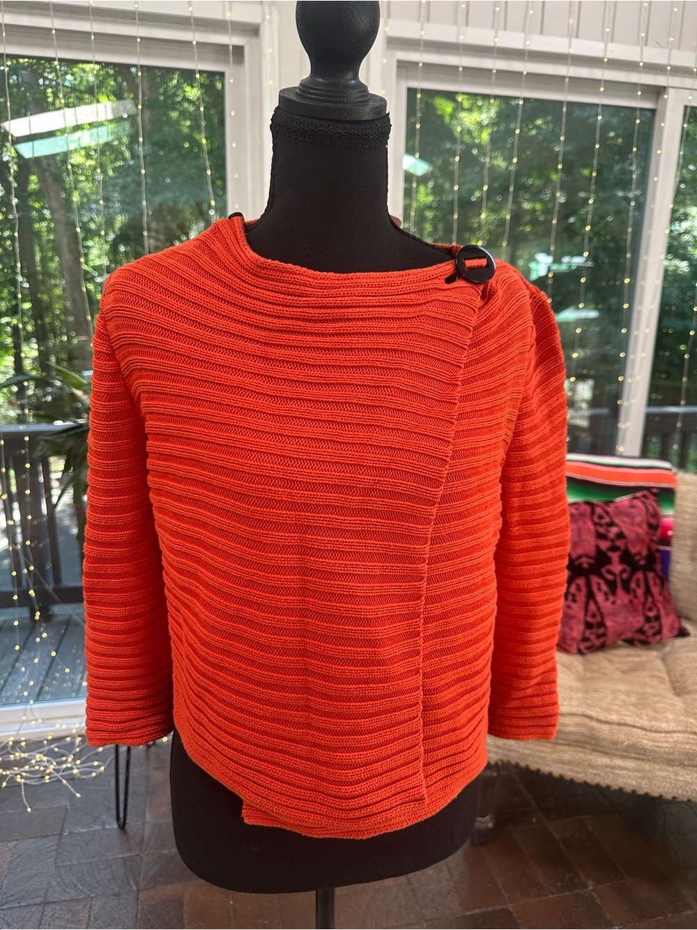 Magaschoni Bright Orange Ribbed Knit Sweater with Buckle Detail